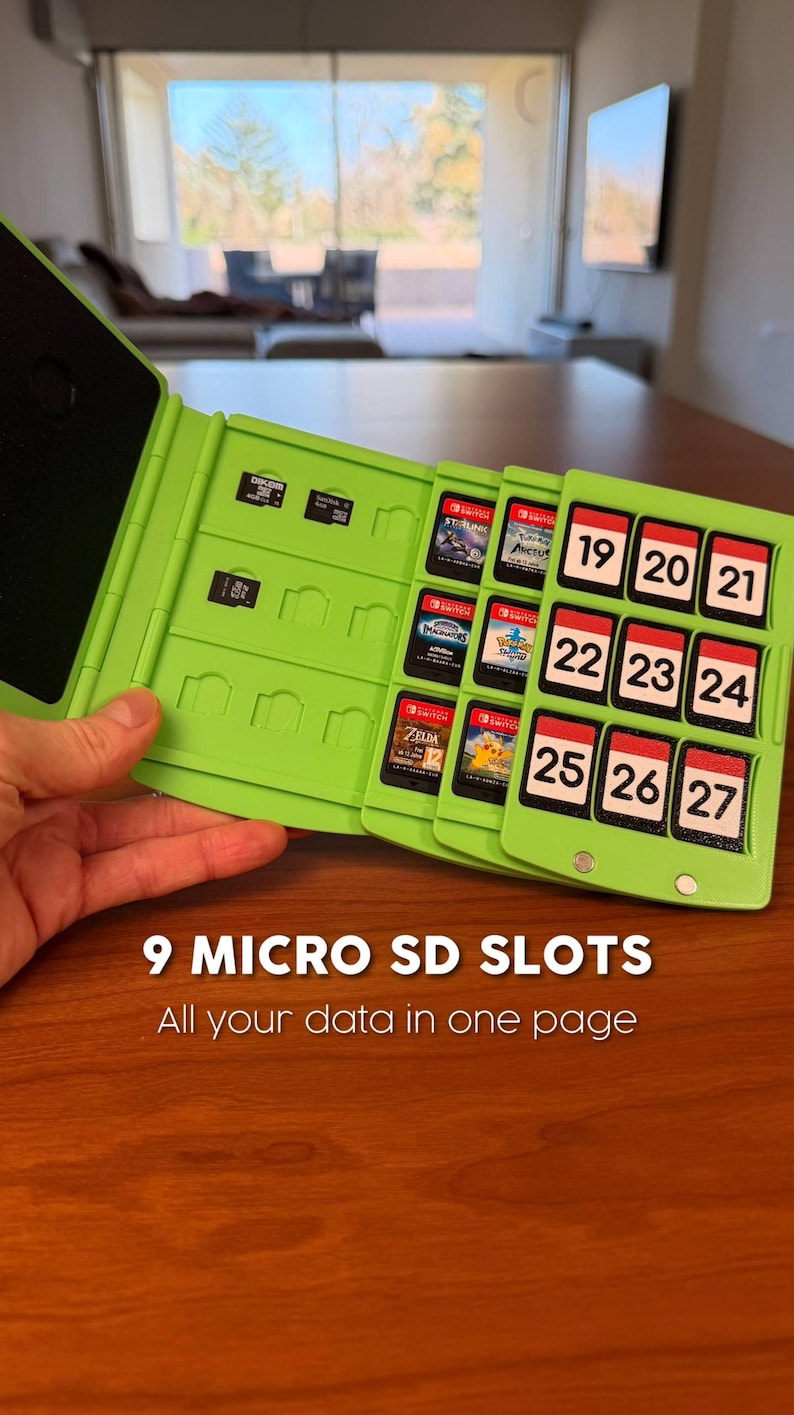 May include: A lime green game cartridge holder with slots for micro SD cards and game cartridges. The holder has the text "9 MICRO SD SLOTS" and "All your data in one page". The holder is on a wooden surface.