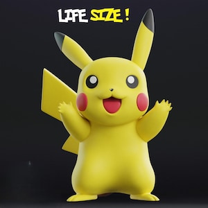May include: A yellow Pikachu figure with red cheeks, a red mouth, and black-tipped ears. The figure has its arms raised and is smiling. The text "LIFE SIZE!" is above the figure.