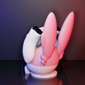 May include: A pink and white cartoon character with large ears and a round body. The character is holding a white game controller. The background is a gradient of blue and red.