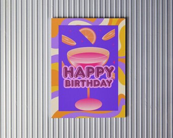 Fun Birthday Card with Cocktail, Purple Digital Card, Happy Birthday Printable, Print at Home, Instant Download Celebration Card