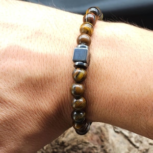 Men&#39;s Beaded Bracelet-Tiger eye and Hematite Stones,Protection and Strength Jewelry,Gift for Him