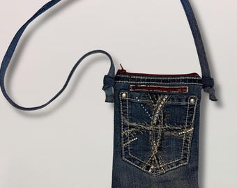 Handmade Upcycled Denim Crossbody Purse | Recycled Jean Bag with Cute Cotton Lining | Sustainable, Eco-Friendly, 3-Pocket Design (2 Zippered