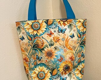 Handmade Sunflower Tote Bag: Yellow & Teal Cotton Fabric