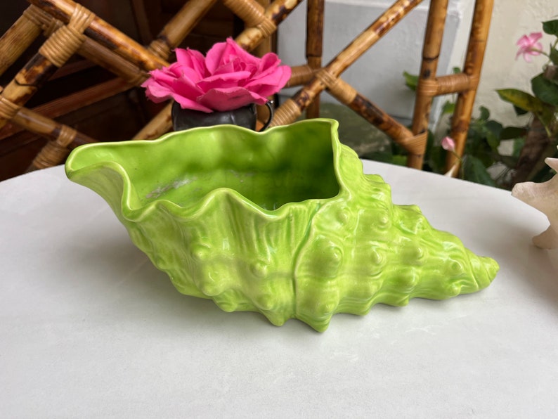 May include: A bright green ceramic planter shaped like a seashell. The planter has a textured surface and is perfect for displaying small plants or flowers.