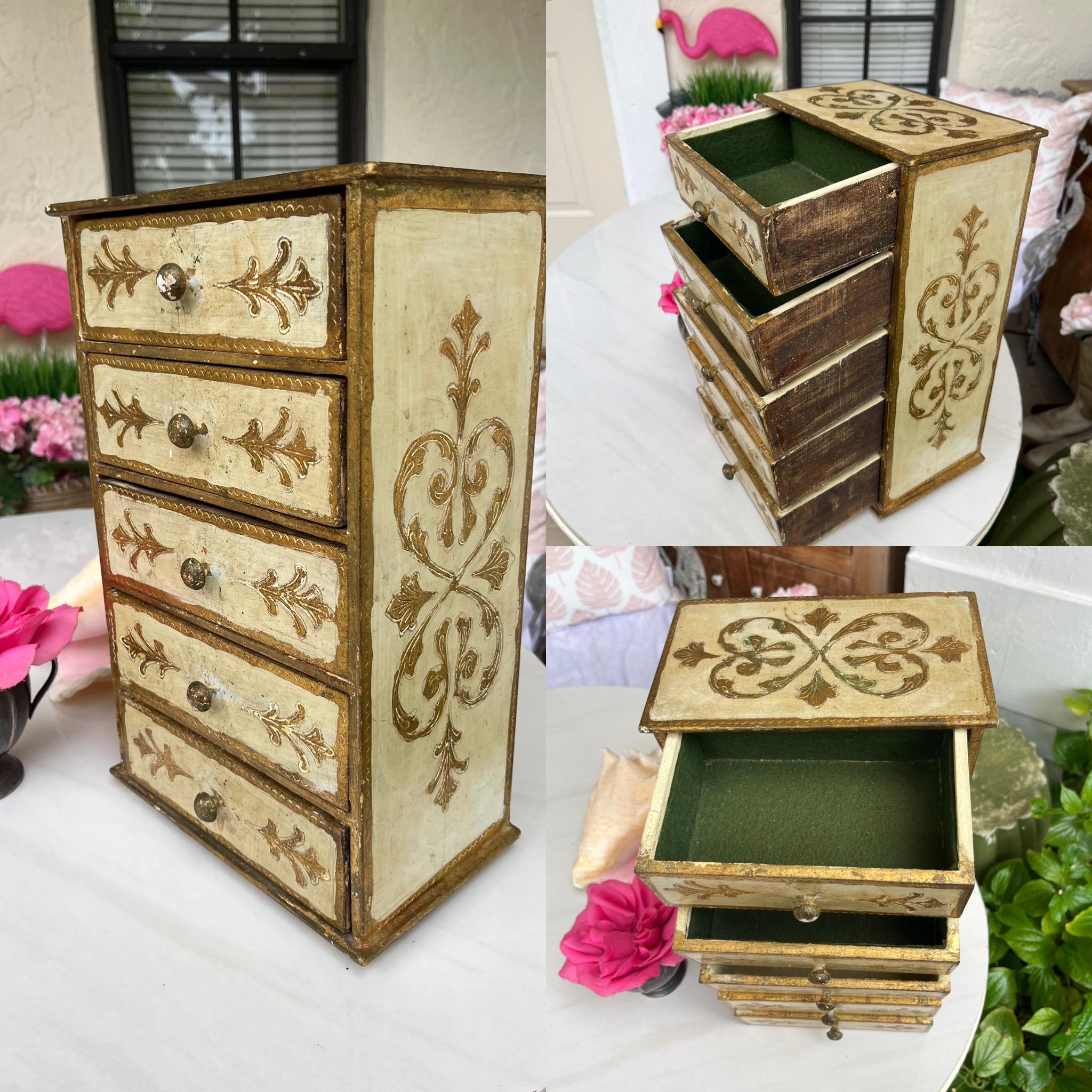 Vintage Gold Gilt Florentine Jewelry Box, Italian Wood Dresser Box