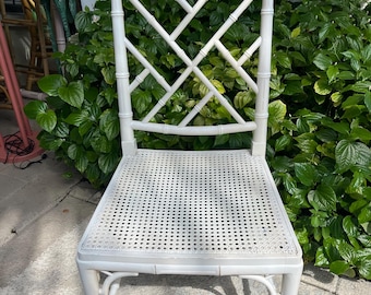 FAUX BAMBOO CHIPPENDALE Cane Chair Chair, Chinoiserie Faux Bamboo Fretwork Chair, Coastal white Faux Bamboo Chippendale Chair Cane Seat