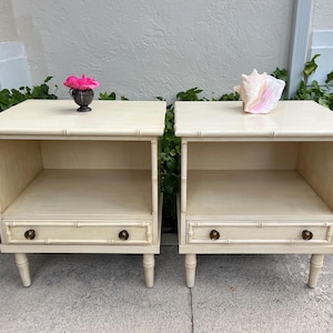 Pair of FAUX BAMBOO NIGHTSTANDS Hollywood Regency Chinese Chippendale Style Faux Bamboo Nightstands Ficks Reed Style Nightstands