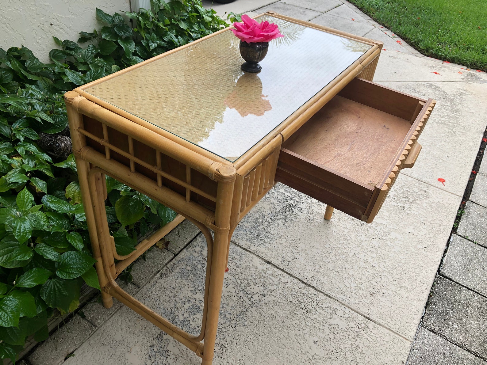 BAMBOO RATTAN DESK / Mid Century Modern Style Natural Bamboo Etsy