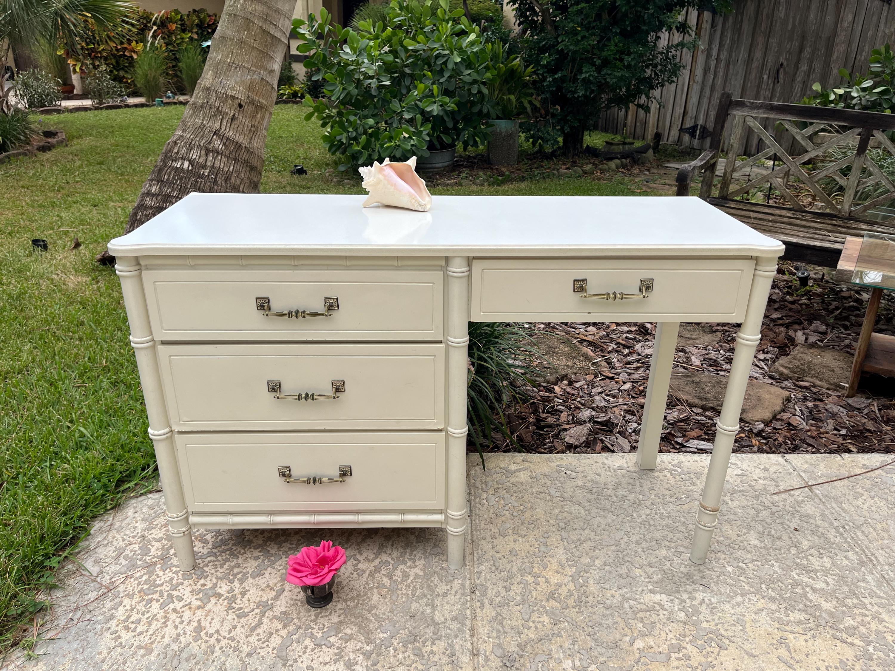 Vintage Faux Bamboo Desk Coastal White Bamboo Writing Desk 4 Drawers Chinoiserie White Faux Bamboo Desk Etsy