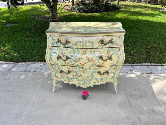 Large Louis XV Style Venetian Painted Bombe Chest of Drawers Rococo Chest With Birds and Flowers Hand Painted Large Commode Chest Etsy