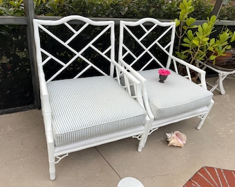Oversized Faux bamboo Chippendale Arm chairs, Chinoiserie Chippendale Fretwork Lounge Chairs David F, 2 Available