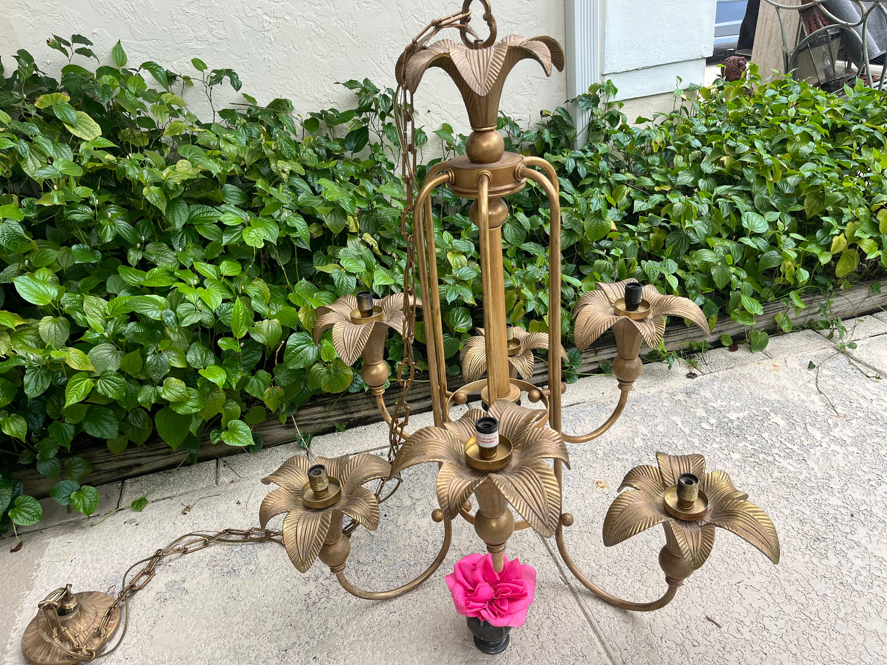 Brass Pineapple Chandelier, 1970s Vintage Chandelier Hollywood