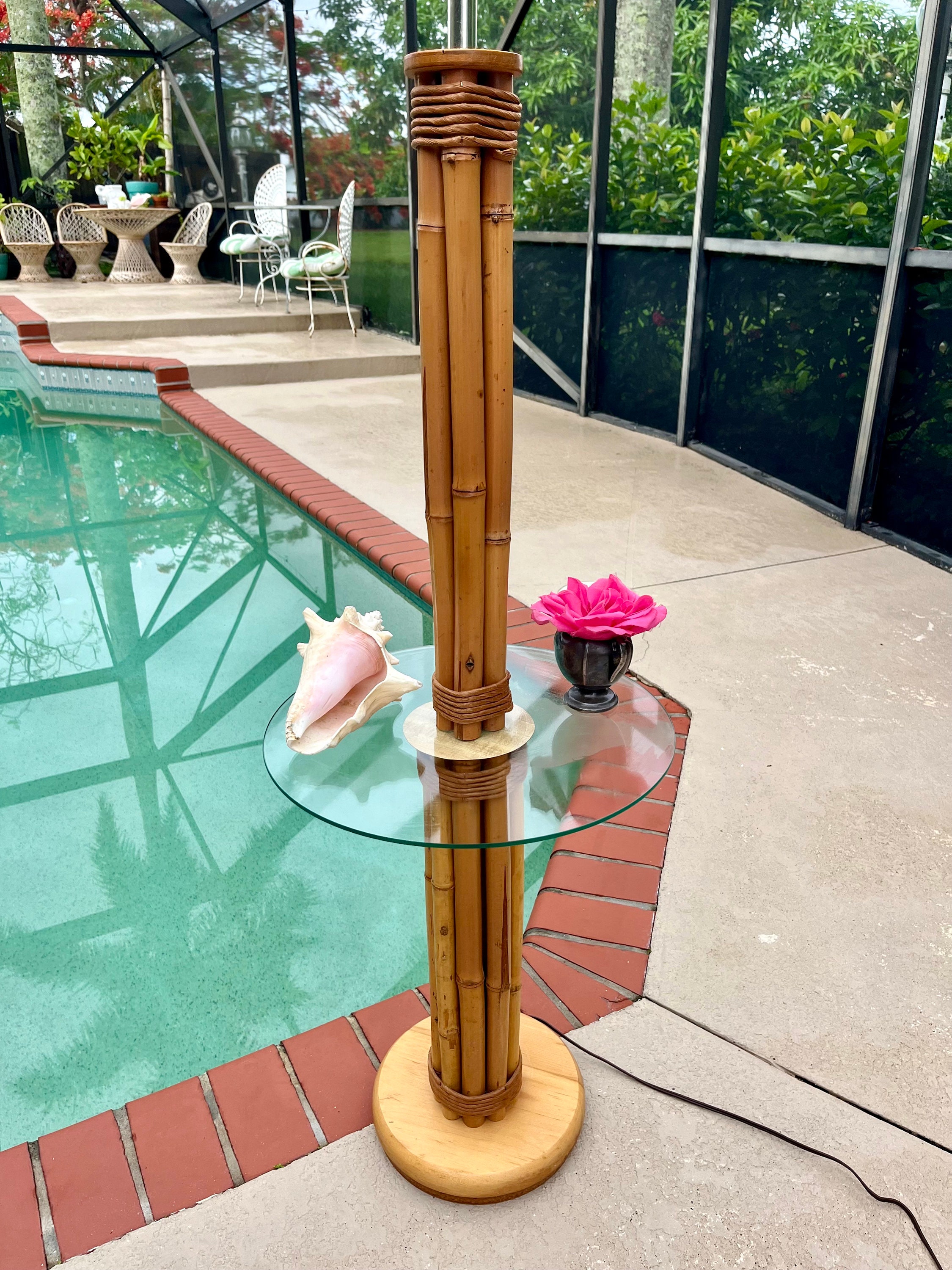 On Hold Old Florida Bamboo Rattan Side Table Floor Lamp, Tiki