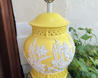 CANARY YELLOW ICING Lamp, Porcelain Chinoiserie Pierced Ginger Jar Lamp