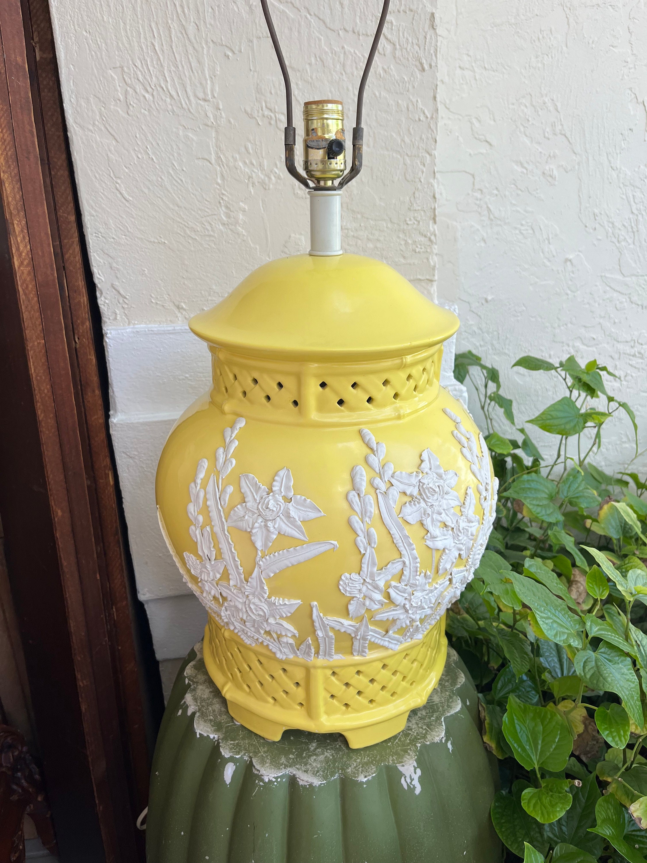 CANARY YELLOW ICING Lamp, Porcelain Chinoiserie Pierced Ginger Jar