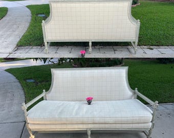 Gustavian Style Vintage Sofa, French Provincial carved wooden arms 76” Robins Egg Blue Gray Chic French Provincial Settee