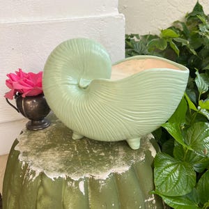 Vintage Nautilus Shell Planter, Coastal Old Florida Jade Nautilus Shell Cachepot