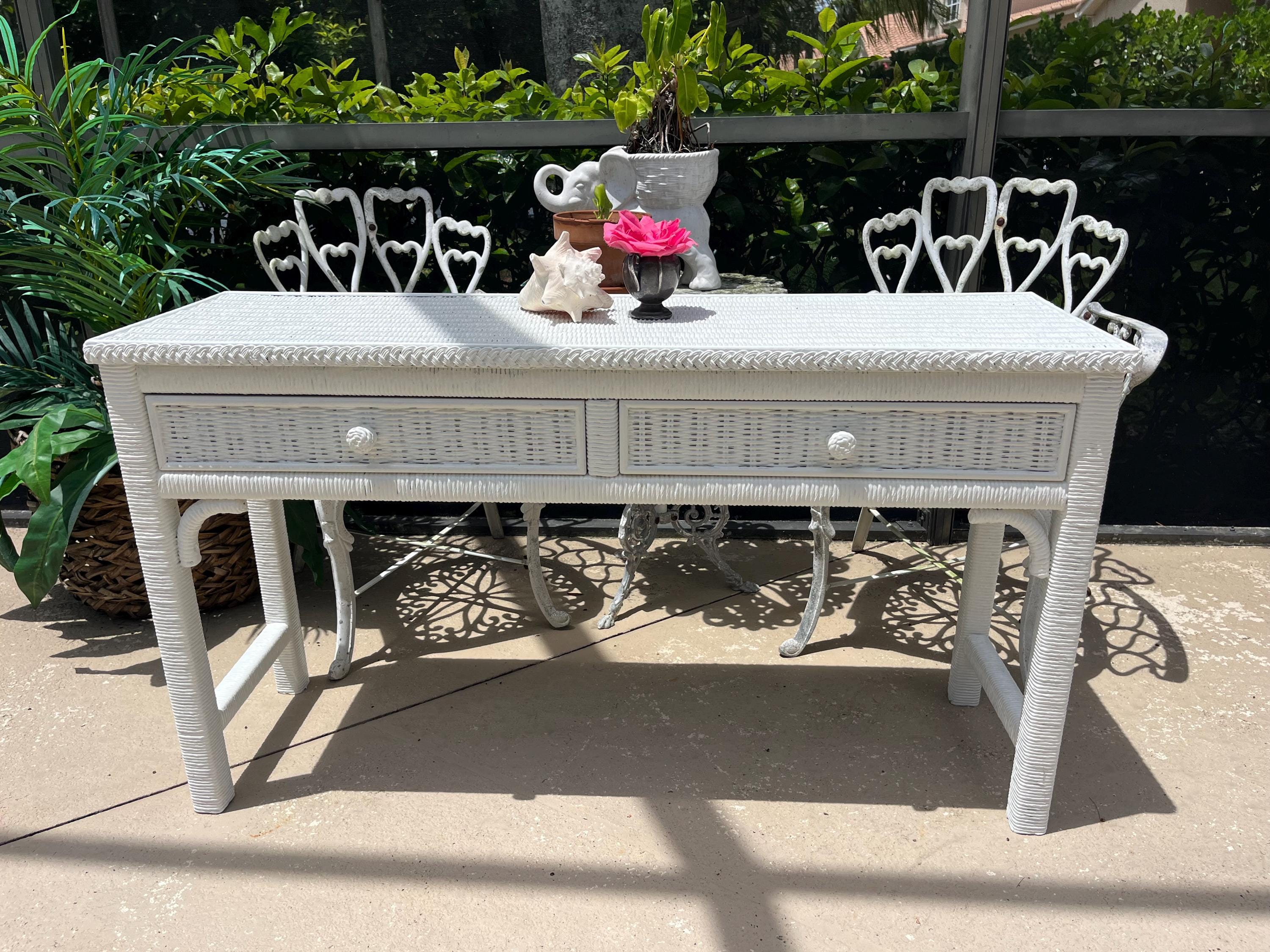 Vintage Henry Link Wicker Console Table, Coastal Island Style, 49