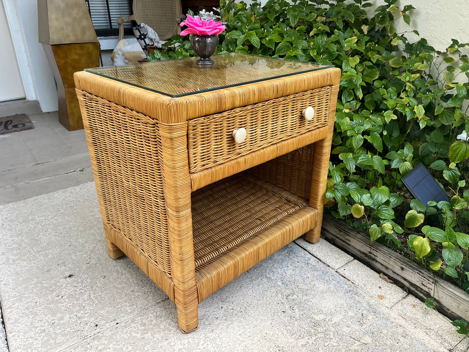 Vintage Rattan Side Table Rattan Nightstand Coastal Cottage Etsy