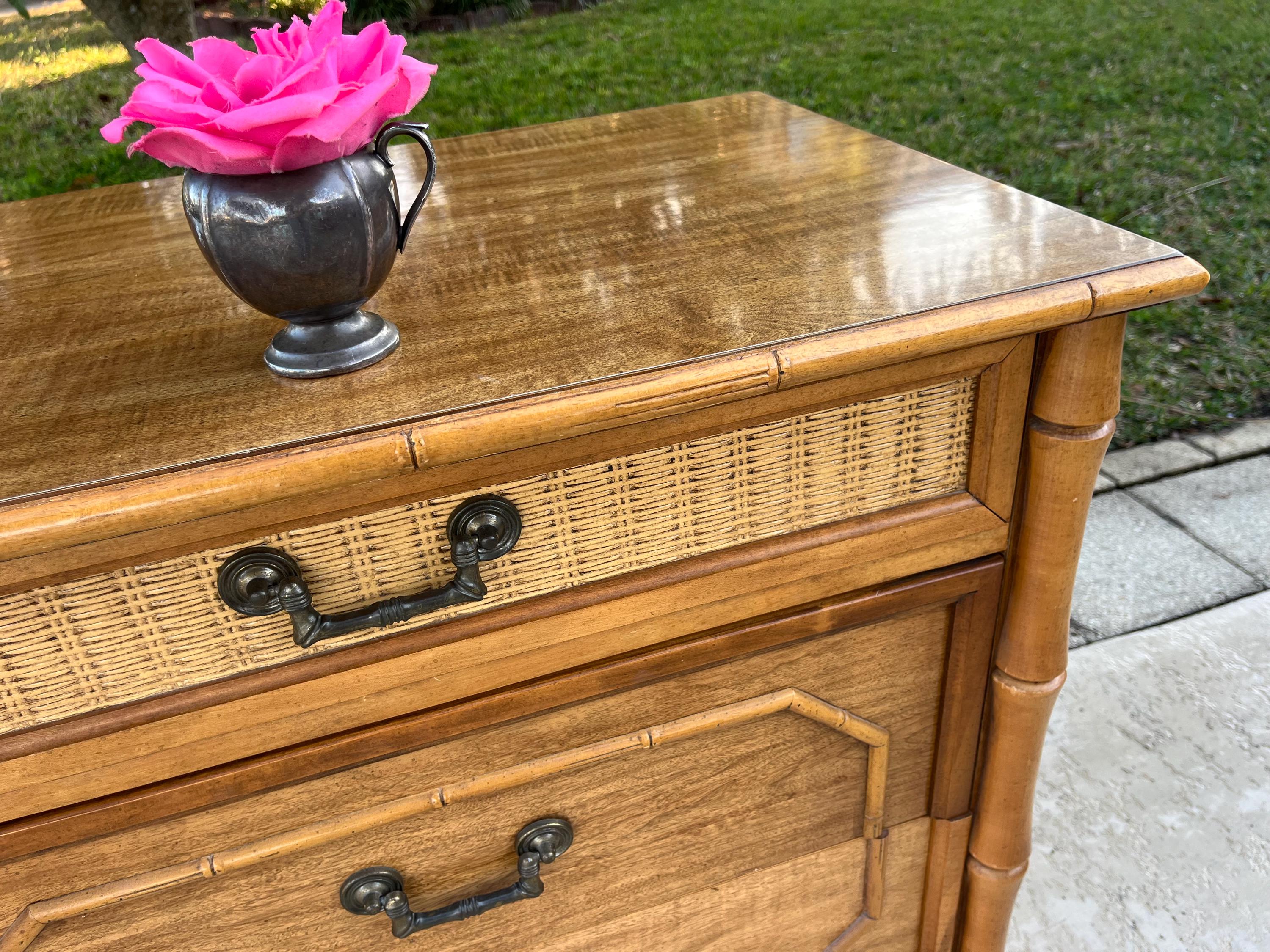 Oversized Broyhill Faux Bamboo Nightstand, Coastal Style 3-drawer