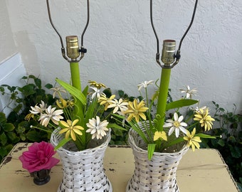 PAIR Daisy Tole Lamps in woven wicker vases, Sweet Yellow Daisy Lamps, Metal Retro Daisy Girl Lamps, Romantic home Shabby Chic lamps