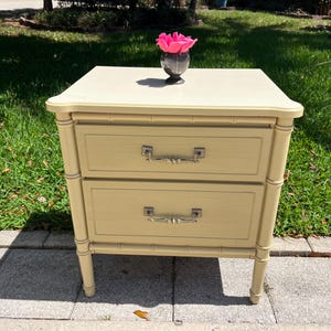 Vintage Faux Bamboo Nightstand, Henry Link Reproduction Nightstand, Coastal Faux Bamboo Nightstand pale yellow