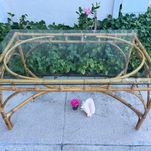 BAMBOO RATTAN DINING Table 60” Glass top, Italian Bamboo Rattan Chippendale Table Coastal Island style Bamboo Table at Retro Daisy Girl