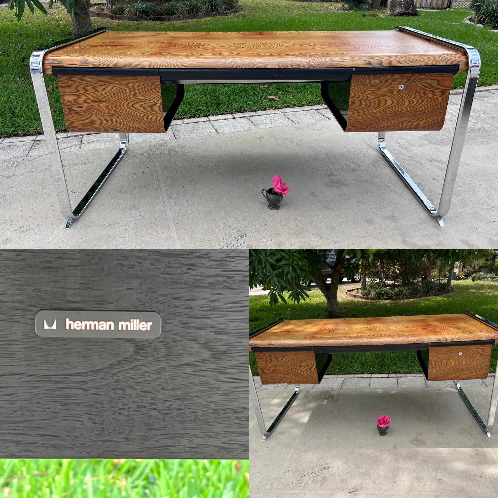 HERMAN MILLER Zebrawood Credenza Desk by Peter Protzmann, Chrome