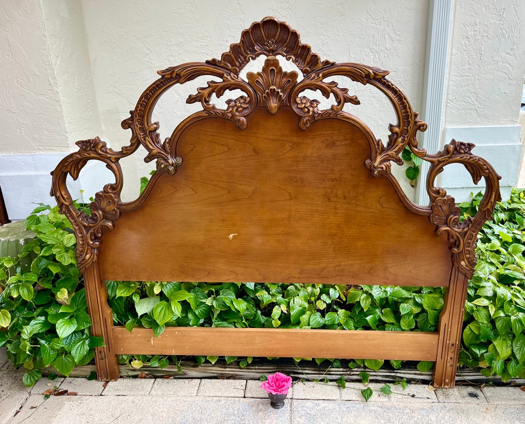 Baroque Rococo French Provincial Queen Carved Headboard 1965 Pear Wood