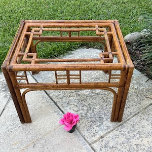 Tortoiseshell Bamboo Side Table, Chippendale bamboo Fretwork table with inset glass top, burnt bamboo rattan side table at Retro Daisy Girl