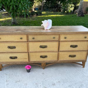 BAMBOO RATTAN DRESSER, Bamboo Cane wrapped dresser Bentwood Bamboo base Cane front sides Coastal Chic 9 drawer Dresser Chinoiserie Credenza