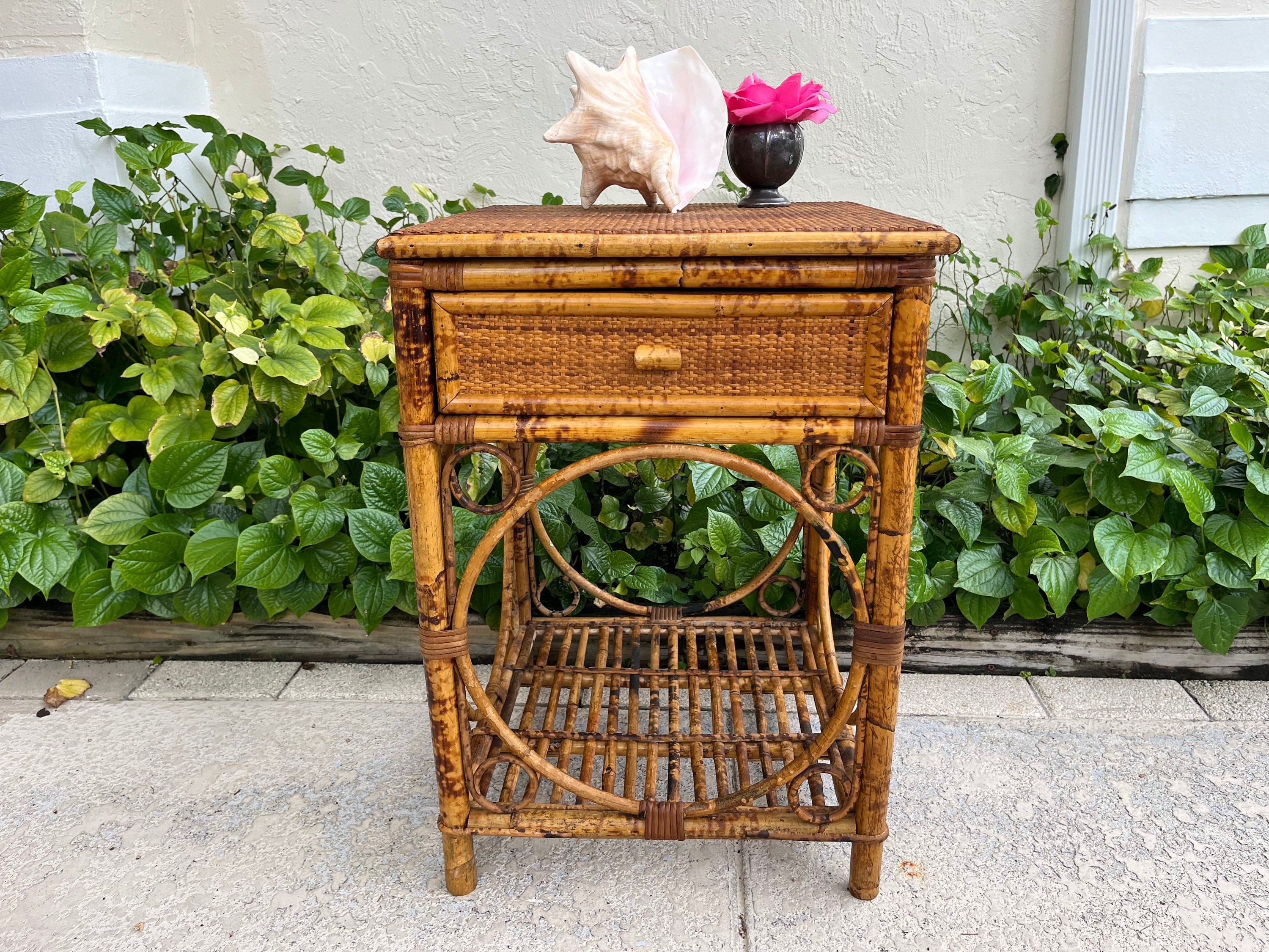 Albini Tortoiseshell Bamboo Rattan Nightstand, Albini Style Burnt