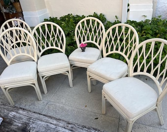 Vintage Faux Bamboo Rattan Chairs – Coastal Chinoiserie Style Fretwork Dining Chairs - set of 6 Old Florida