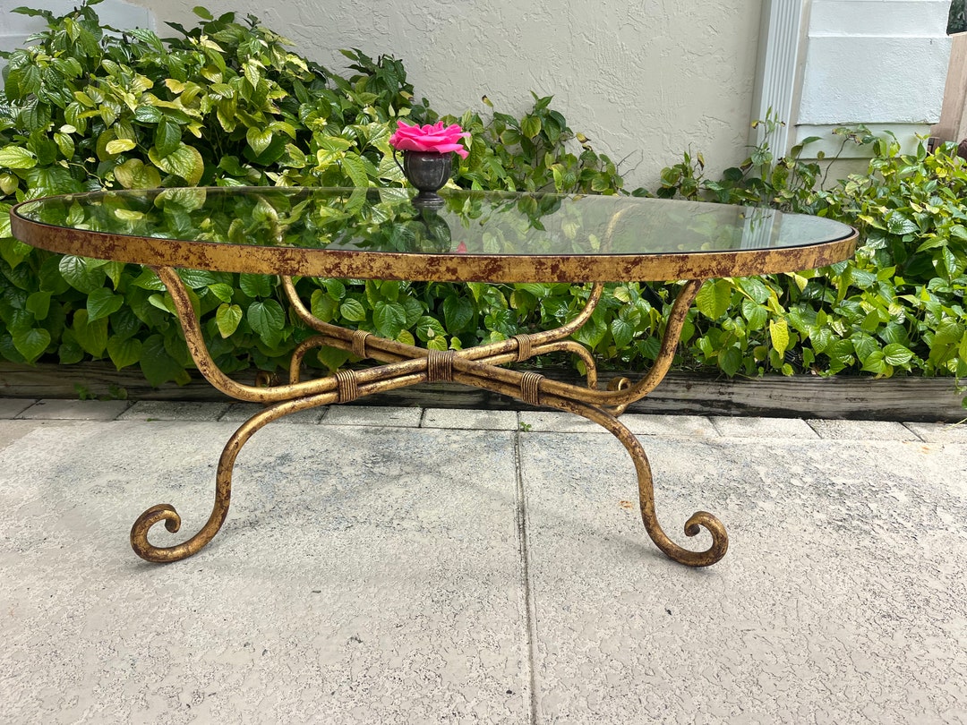 Gold Gilt Iron Coffee Table With Oval Glass Top, Vintage Gilt Iron and
