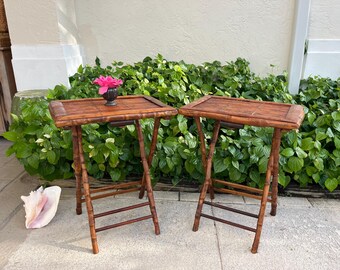 Tortoiseshell Bamboo Rattan Folding Table With X Base Bamboo
