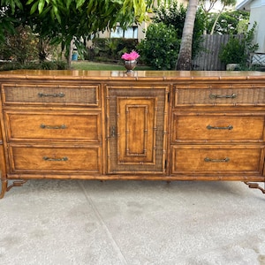 FAUX BAMBOO STANLEY DRESSEr Fruitwood 80s Dresser Pretty Fretwork, Stanley Faux Bamboo Chinoiserie Coastal style Dresser at Retro Daisy Girl