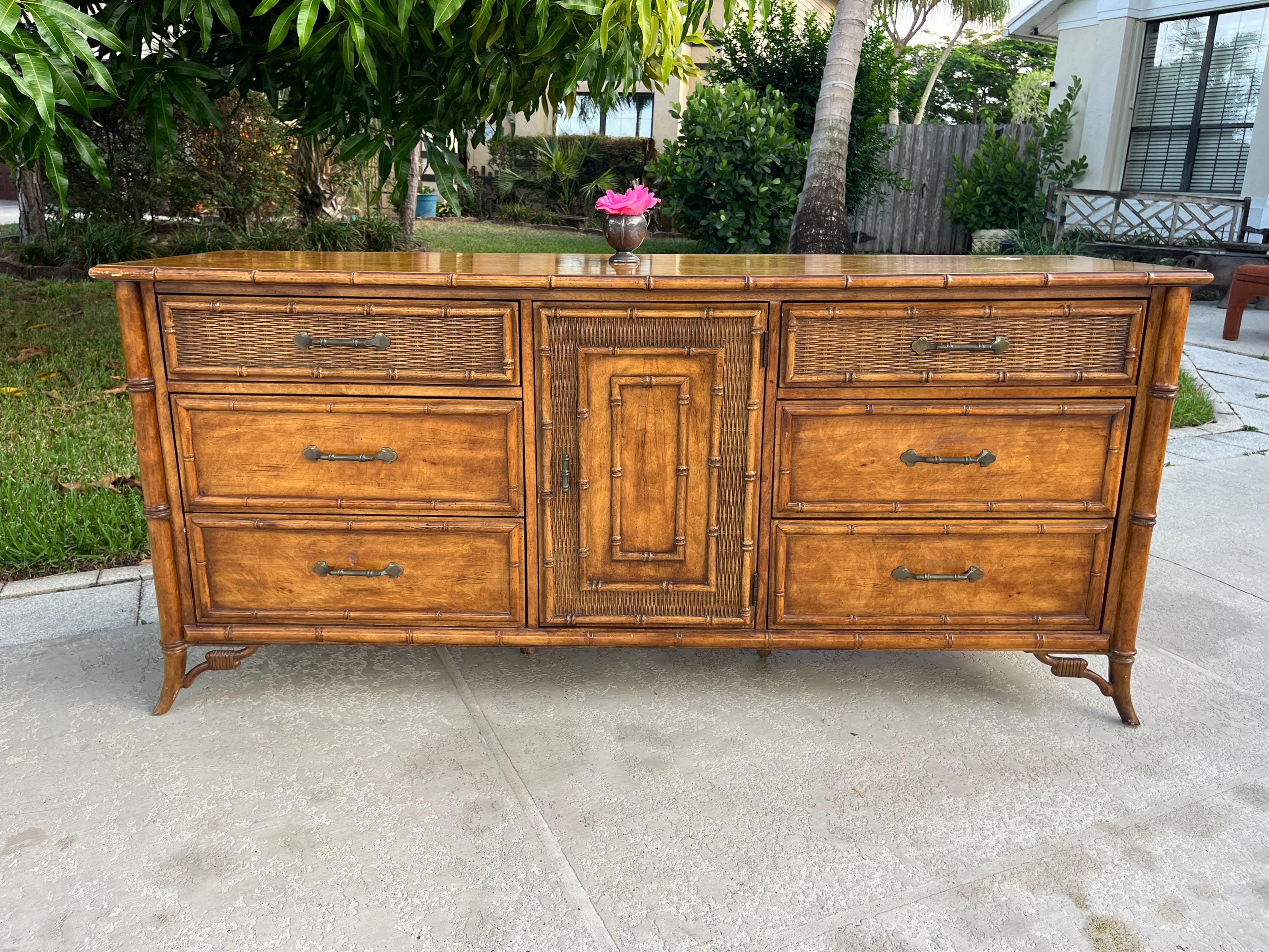 Vintage Stanley Faux Bamboo Dresser, Fruitwood Chinoiserie Coastal