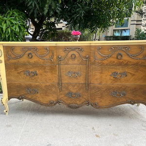 ROMWEBER FRENCH ROCOCO Dresser, Louis xv Satinwood and Painted Triple Dresser, Vintage Rococo Shabby Chic Credenza with glass top