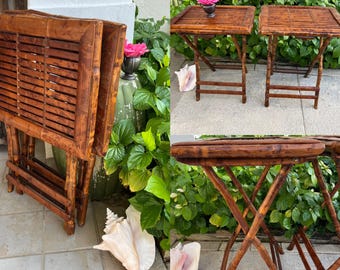 Tortoiseshell Bamboo Rattan Folding Table with X base Bamboo, Coastal style foldable bamboo table