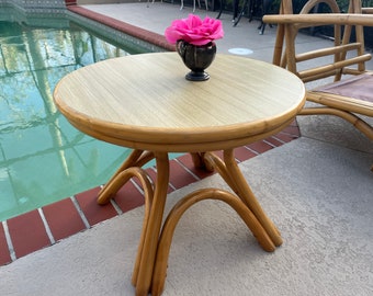 Rattan side table Old Florida style rattan table with mica top