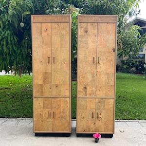 PAIR of HENREDON Scene Two Olive Burl Armoires, Postmodern Burlwood Cabinets at Retro Daisy Girl
