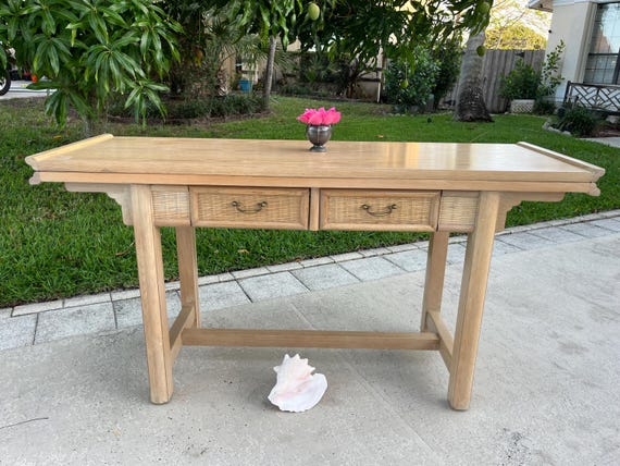 VINTAGE PAGODA FLIP Top Dining Table Console, Chinoiserie Bamboo Rattan  Dining Table Extendable Table 2 drawers