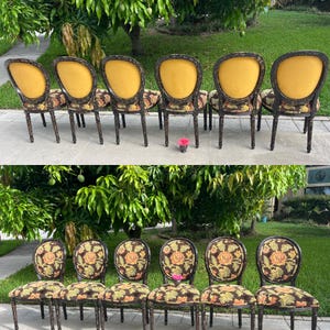 6 French Louis Xv Dining Chairs, set of 6 French Provincial Medallion Back Chairs, Pretty Brown Tapestry fabric and Gold Backs