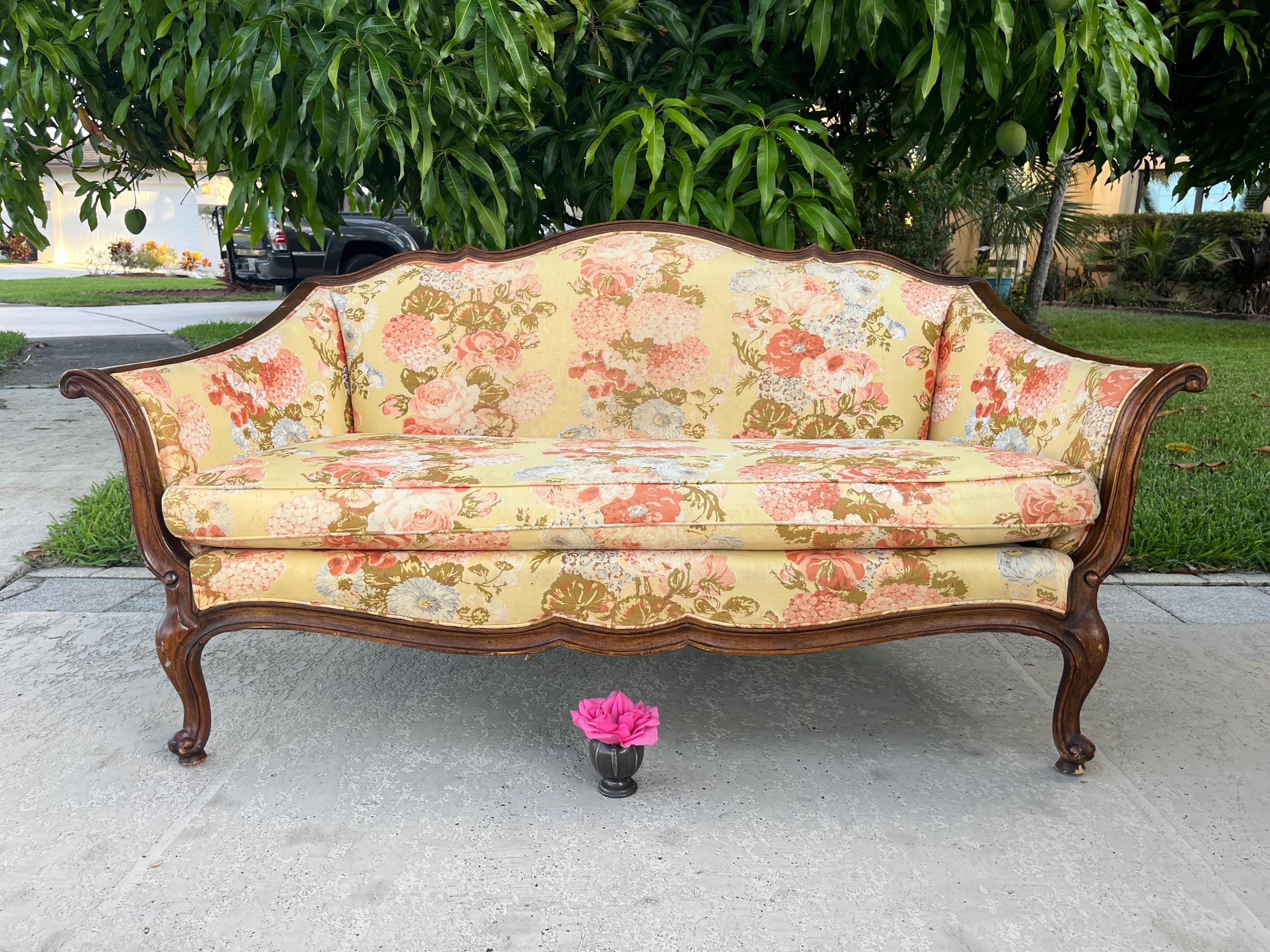 Vintage Louis XV French Provincial Sofa Settee, Shabby Chic Carved Floral Louis xv style sofa, French Sofa Floral yellow peach pink greens