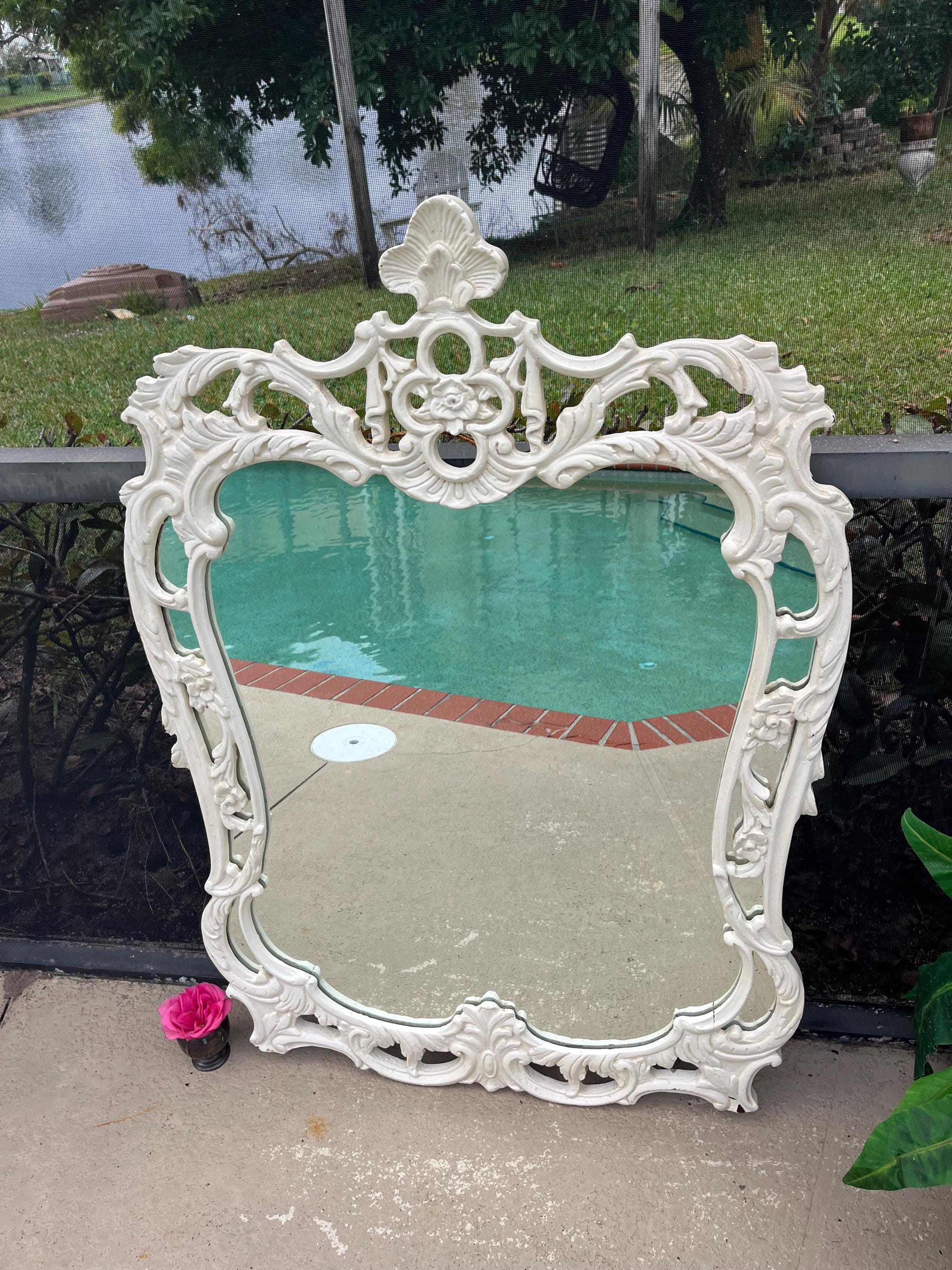 Vintage Chippendale Style Carved Mirror, Shabby Chic Creamy White