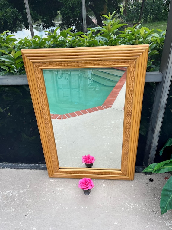 Vintage Bamboo Rattan Mirror, Coastal Boho Decor (43 3/4