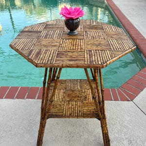 SOLD Vintage Tortoiseshell Bamboo Octagon side table, bamboo patterned top with triple bamboo legs, burnt bamboo 2 tier table Coastal table