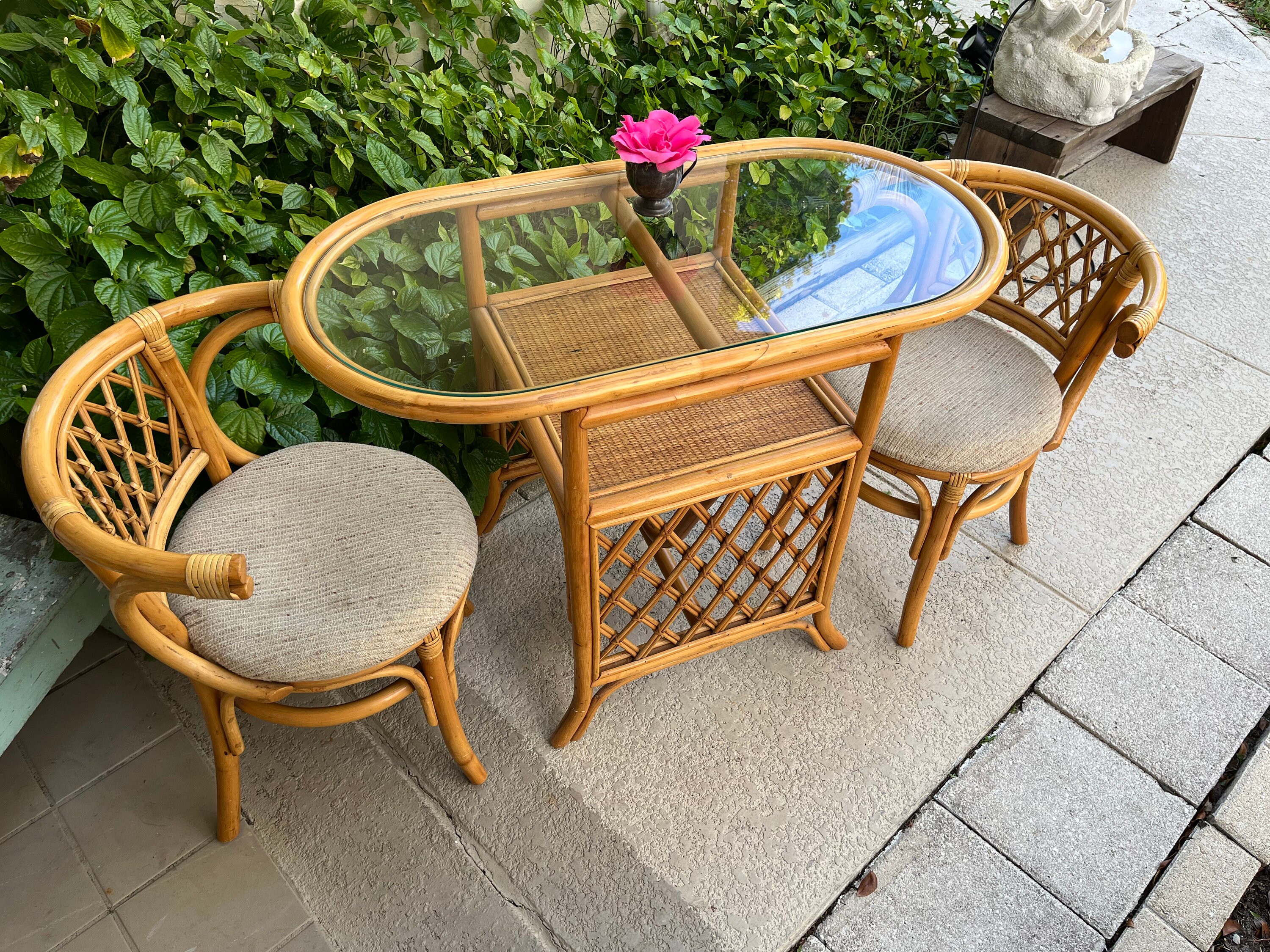 SOLD.Vintage Rattan Dinette Set Honeymoon Bistro Table Nesting Table Compact Boho Island Style Rattan Table set at Retro Daisy Girl Etsy