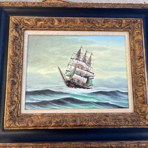 Vintage Full Sail Open Ocean Clipper Ship Oil Painting on Canvas by Wysman Hand Carved Frame 27” x 23 1/4”