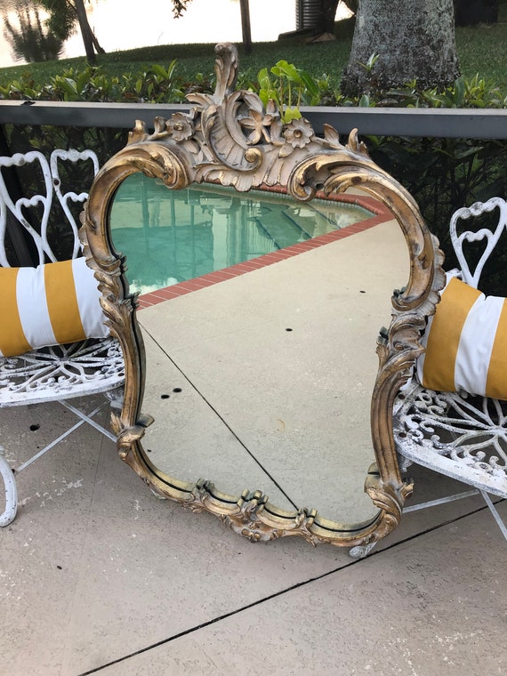 Vintage Gold Shabby Large Provincial Rococo Mirror, Etsy Gold Chic French Scroll Mirror, Norway Gilt Floral - Mirror, Scroll Mirror Style Gold Mirror